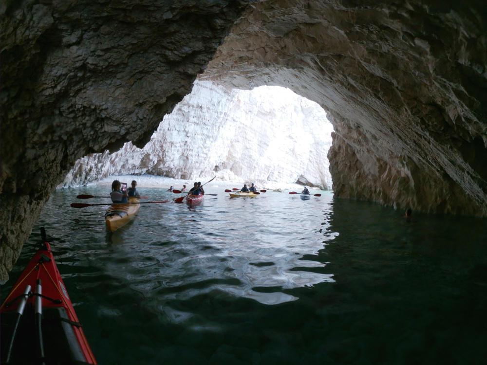 Sea kayaks inside Keri Caves Zakynthos
