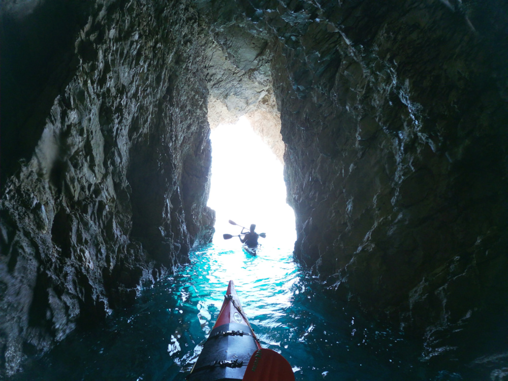 Sea kayaks inside Keri Caves Zakynthos