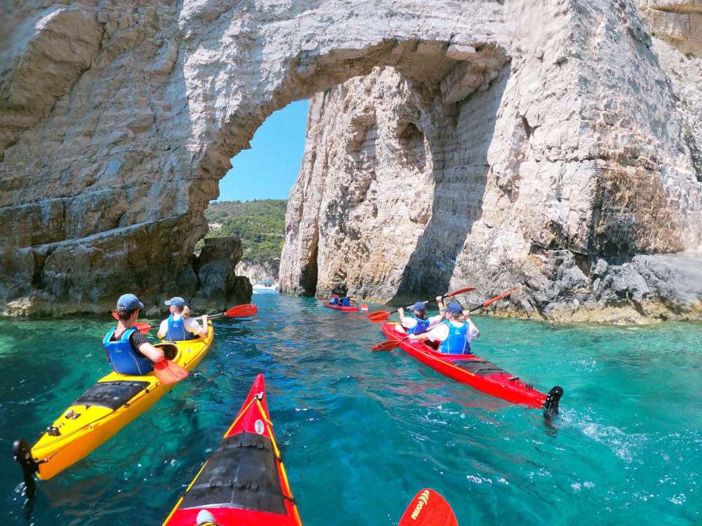 Sea kayaks under the Arch of Keri Caves Zakynthos